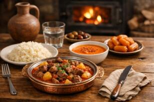 Klasik Ev Mutfağında Dengeli İftar Menüsü Tas Kebabı,Pilav,Tarhana çorbası ve Tulumba Tatlısı